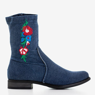 Navy blue flat heel boots with Muraja embroidery - Footwear