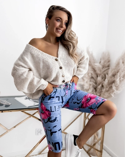 Royalfashion Blue and pink women's 3/4 print shorts PLUS SIZE