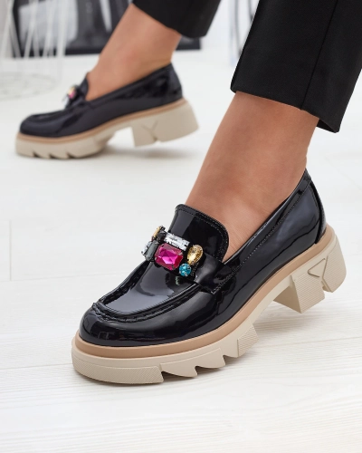 Lacquered black moccasins with colored stones Sarix - Footwear