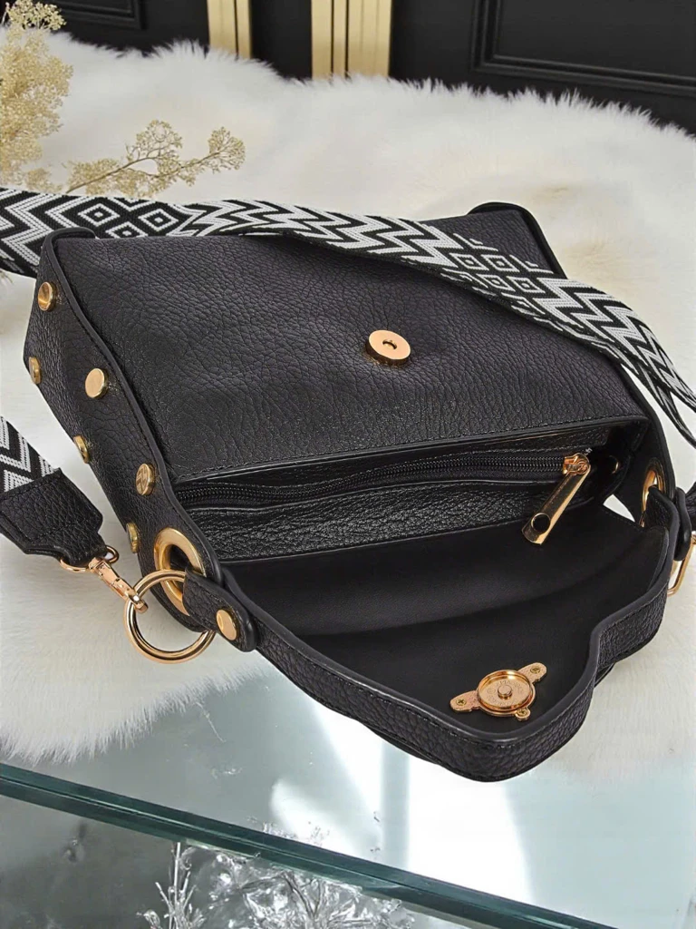 Black Livia women's eco-leather handbag with Art Deco style decoration