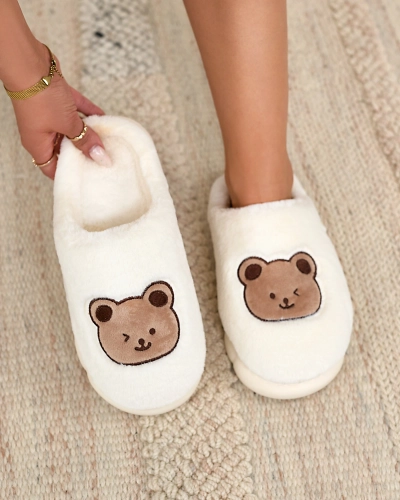 Royalfashion White women's fur slippers with teddy bear Hettres