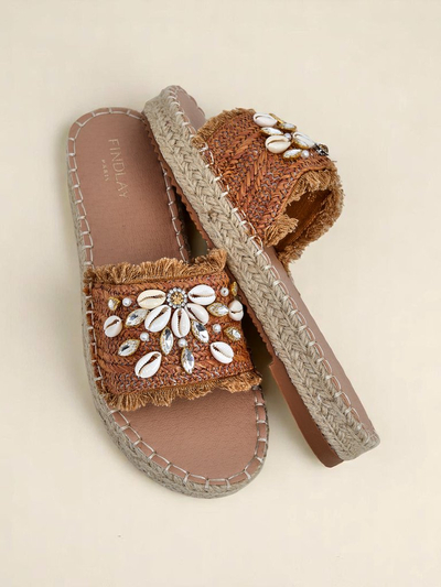 Сандалии Royalfashion Callista Boho Camel на плоской платформе с ракушками