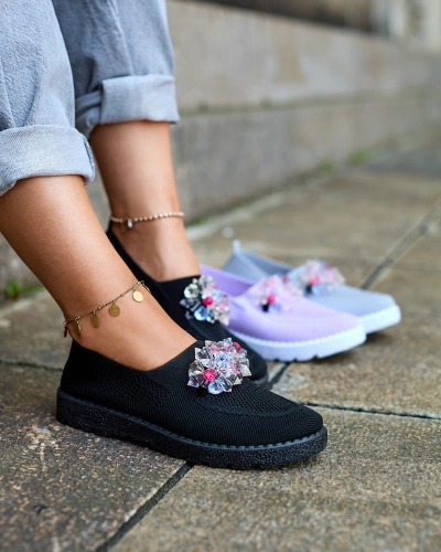 Royalfashion Melni sieviešu auduma mokasīni ar kristāliem Fezens