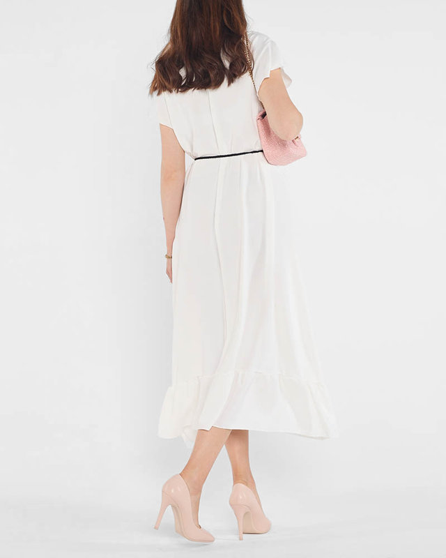 Women's white dress with frills and a tie belt at the waist - Clothing