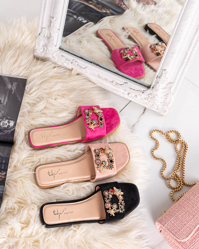 Women's black eco suede slippers with a golden buckle Komi- Footwear