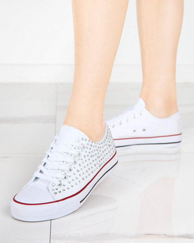 OUTLET Women's sneakers with colored cubic zirconia in white Amanda - Footwear