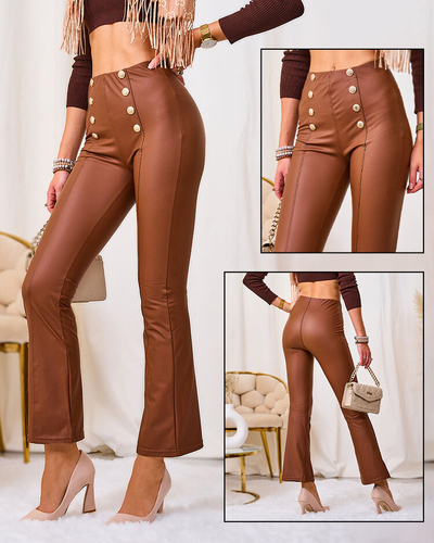 Royalfashion Brown women's eco-leather leggings with gold buttons