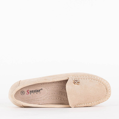 Beige women's eco-suede loafers with Pixila decoration - Footwear