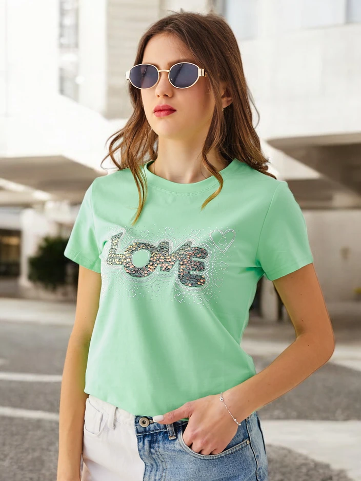 Royalfashion Women's Cotton T-shirt LOVE with Rhinestones