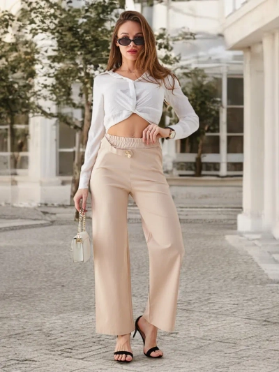 Royalfashion Women's wide cotton pants with belt-like decoration