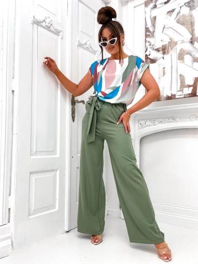 Royalfashion Women's jumpsuit with wide pants and patterned short sleeve blouse