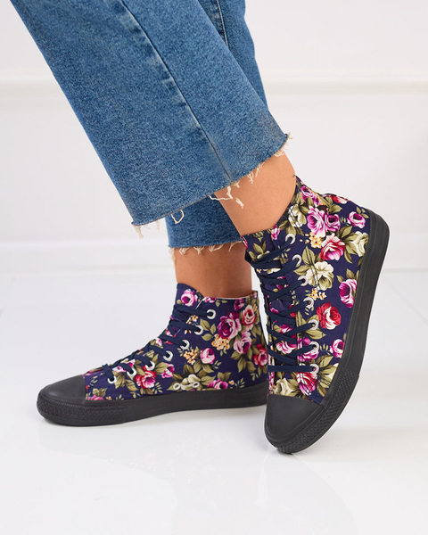 Royalfashion Sieviešu augstās tumši zilas kedas ar krāsainiem ziediem Soxic