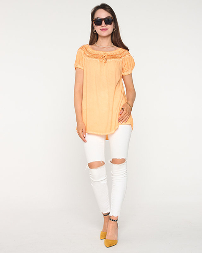 Women's orange cotton blouse with an openwork - Clothing