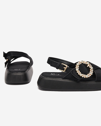 Black fabric women's sandals on a flat sole with cubic zirconia Senire - Footwear