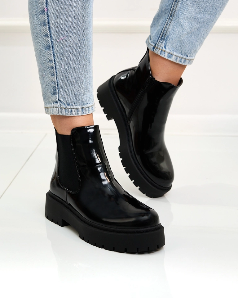 Royalfashion Black lacquered women's non-heeled Glossy Chic boots