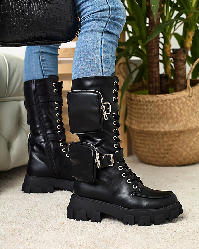Melni strādnieku zābaki ar dekoratīvām paciņām virspusē Sello- Footwear