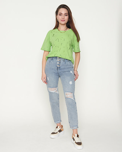 Green cotton women's t-shirt with decorative holes - Clothing