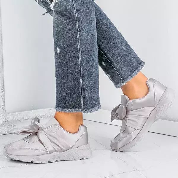 OUTLET Gray, satin sports shoes with a bow Mabel- Shoes