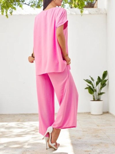 Royalfashion Women's short-sleeved set with decorative flower and wide trousers