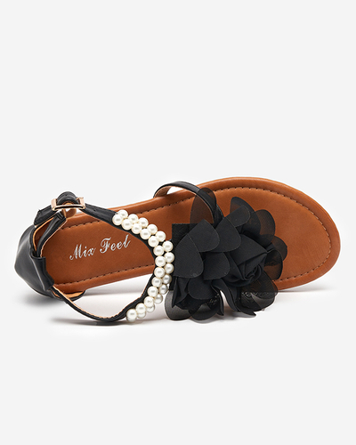 OUTLET Black women's sandals with pearls and fabric flower Amerile - Footwear