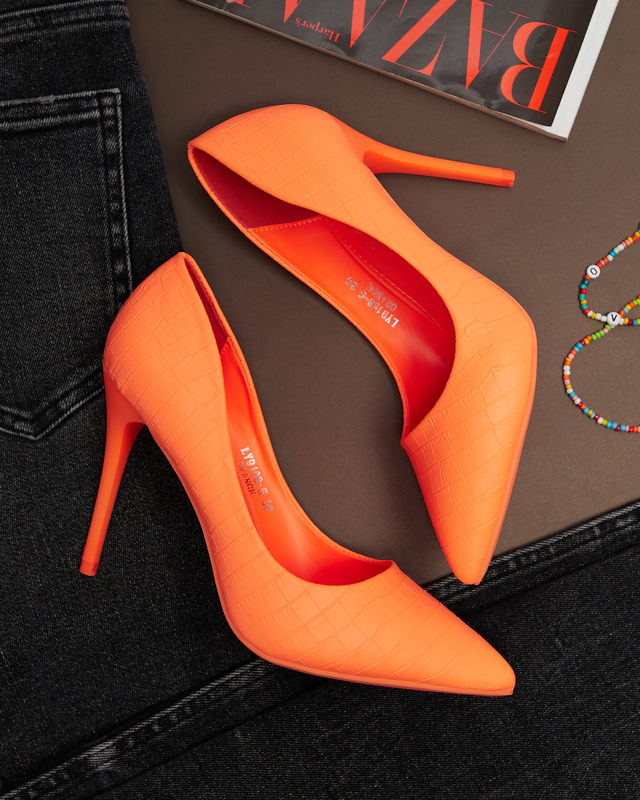 Neon orange women's stiletto pumps with embossing Asota - Footwear