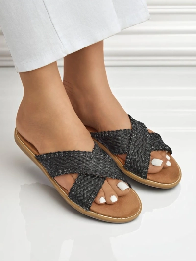 Calista Nero women's flat sandals, black braid, ecological leather