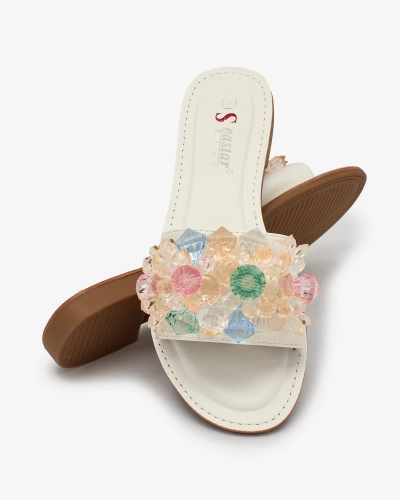 Royalfashion Белые женские шлепанцы с разноцветными кристаллами Bling Breeze