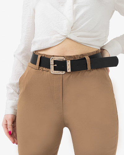 Ladies' black belt with a golden buckle with cubic zirconia - Accessories
