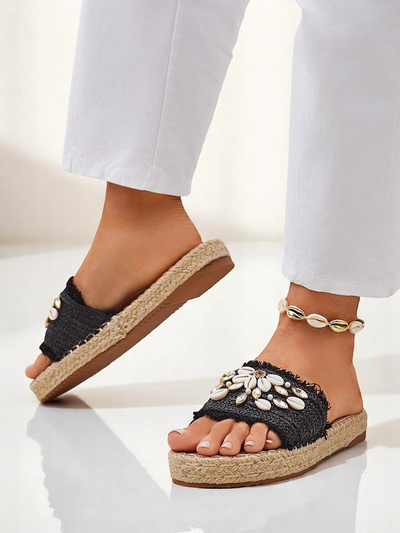 Sandały damskie Royalfashion Helena Decor czarne espadryle mit mushelkami