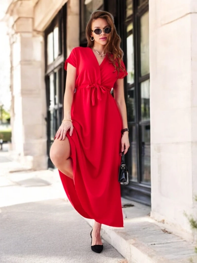 Royalfashion Women's midi dress with a wrap neckline, short sleeves, and a belt