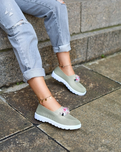 Royalfashion Haki krāsas sieviešu auduma mokasīni ar kristāliem Fezens