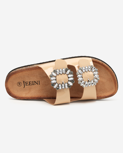 OUTLET Beige women's flip-flops with decorated buckles Olimika - Footwear