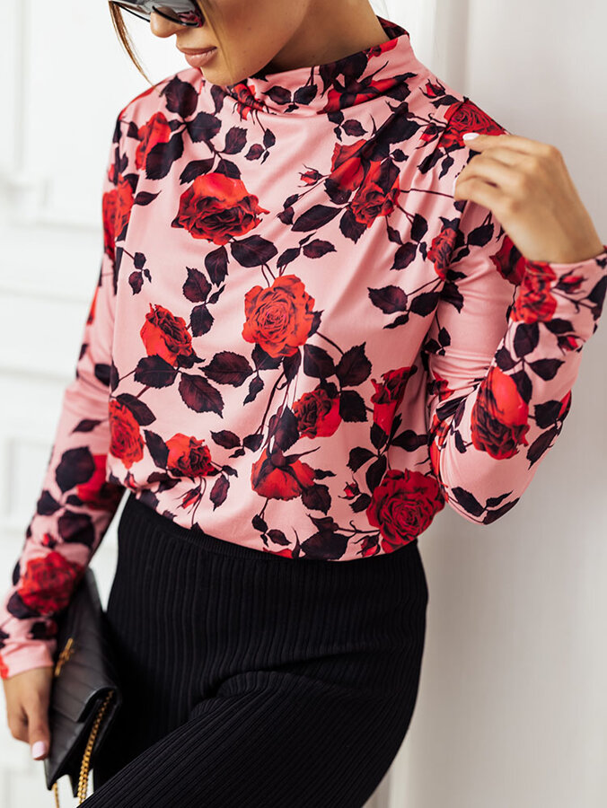 Royalfashion Pink women's half-golf blouse with flowers