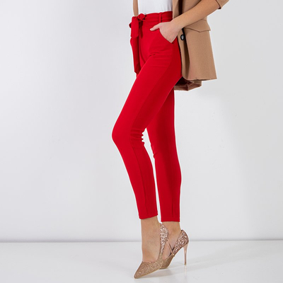 Women's red fabric pants with a tie belt - Clothing