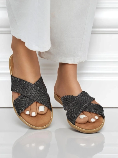 Calista Nero women's flat sandals, black braid, ecological leather