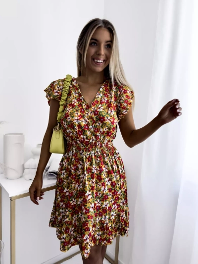 Yellow women's mini dress with floral pattern - Clothing