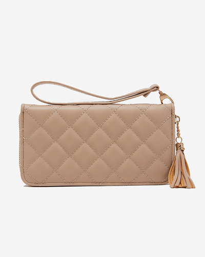 Beige women's large quilted wallet with tassels - Accessories