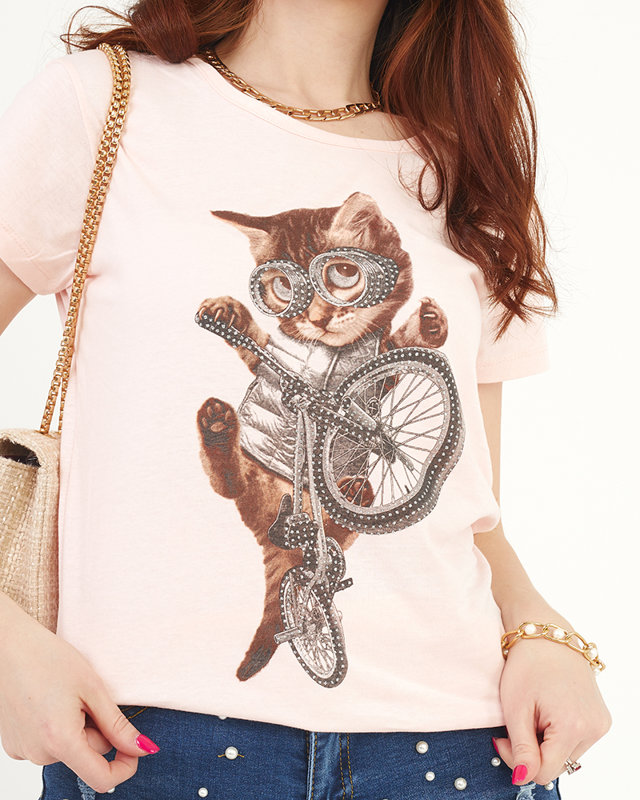 Pink women's t-shirt with a cat's print - Clothing