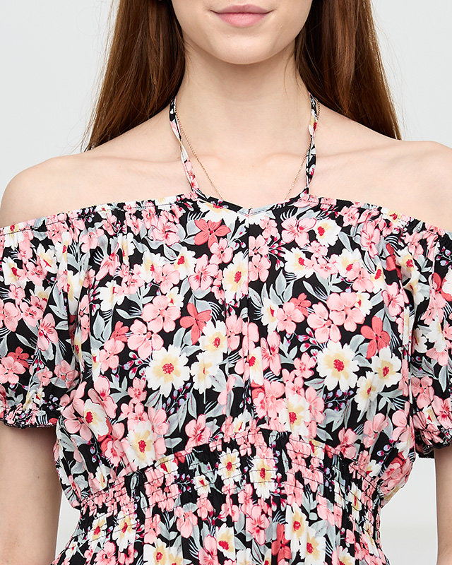 Длинное летнее черное женское платье в нежно-розовые цветы - Одежда