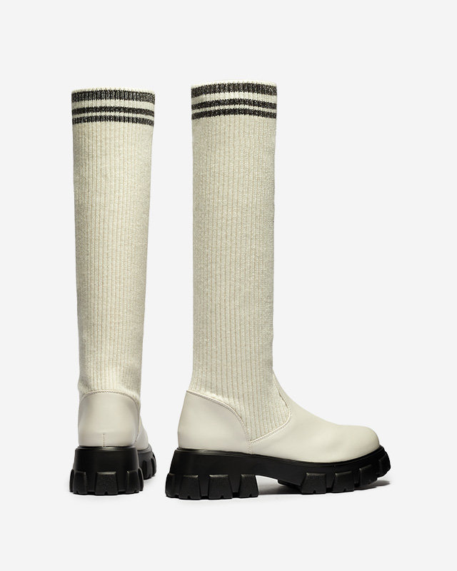 Women's high slip-on boots in ecru color Alerpi- Footwear