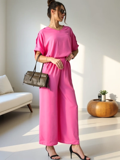 Royalfashion Women's casual set with a short-sleeve blouse and wide trousers