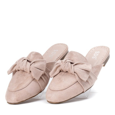 Różowe klapki z eko - zamszu z kokardką Lourdes - Obuwie