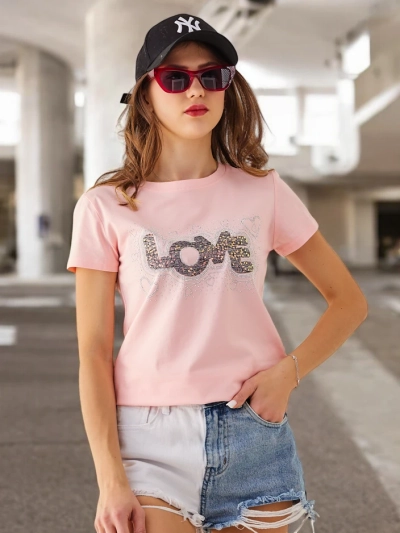 Royalfashion Sieviešu kokvilnas t-krekls LOVE ar pērļām