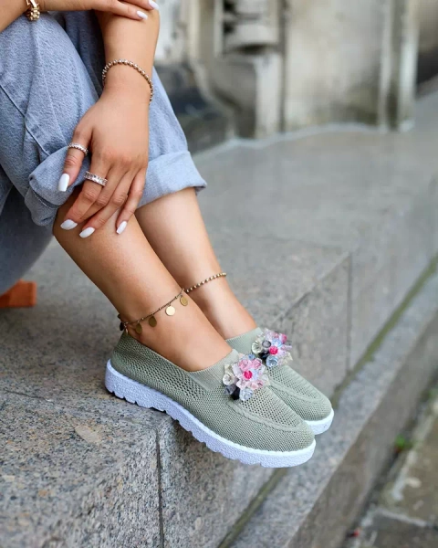 Royalfashion Haki krāsas sieviešu auduma mokasīni ar kristāliem Fezens