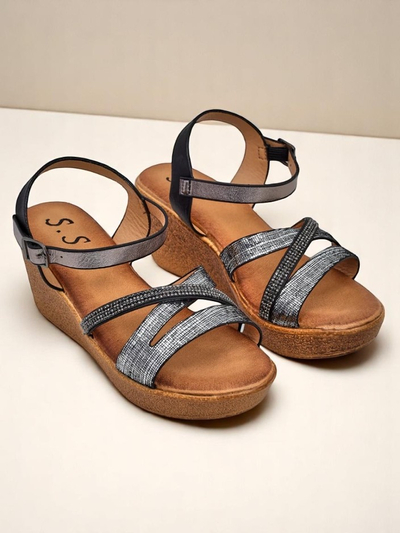 Royalfashion Sieviešu ķīļveida sandales ar rhinestones un spīdumu Eclat