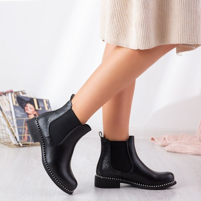 Czarne botki ze wzorem a'la skóra węża Faviae - Obuwie