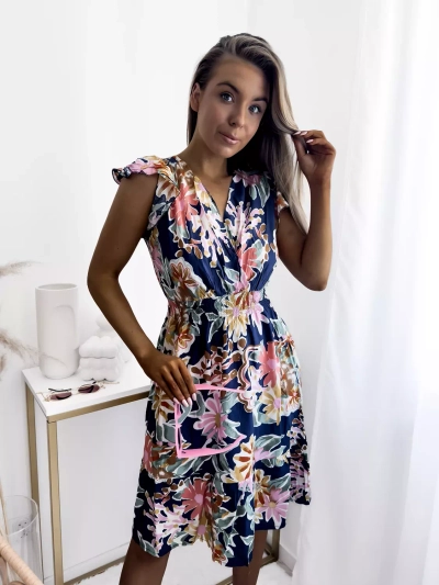 Women's navy blue mini dress with floral print - Clothing