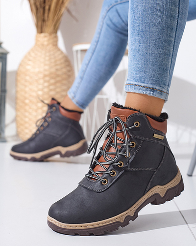 Black women's hiking boots tied with Poritsu fur - Footwear