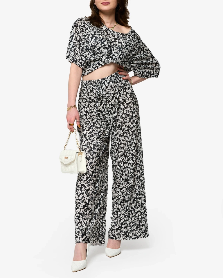 Sieviešu melns ziedu plisēts komplekts - Apģērbs