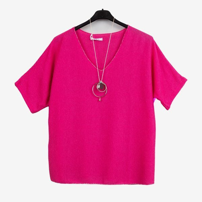 Fuksjowa damska bluzka z krótkim rękawem - Odzież